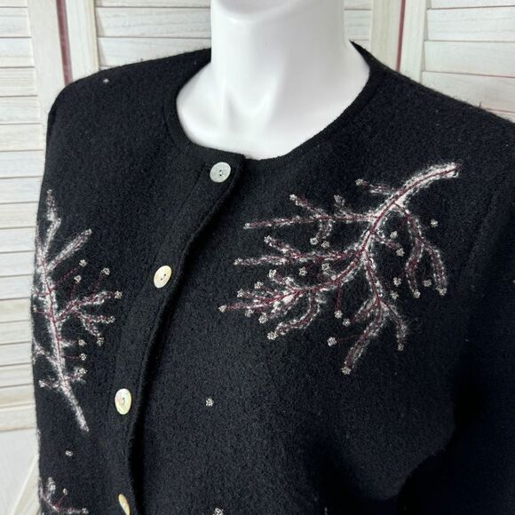 Frost Hand Knit Iced Tree Branches Beaded Wool Cardigan Sweater Black Large - Picture 5 of 11